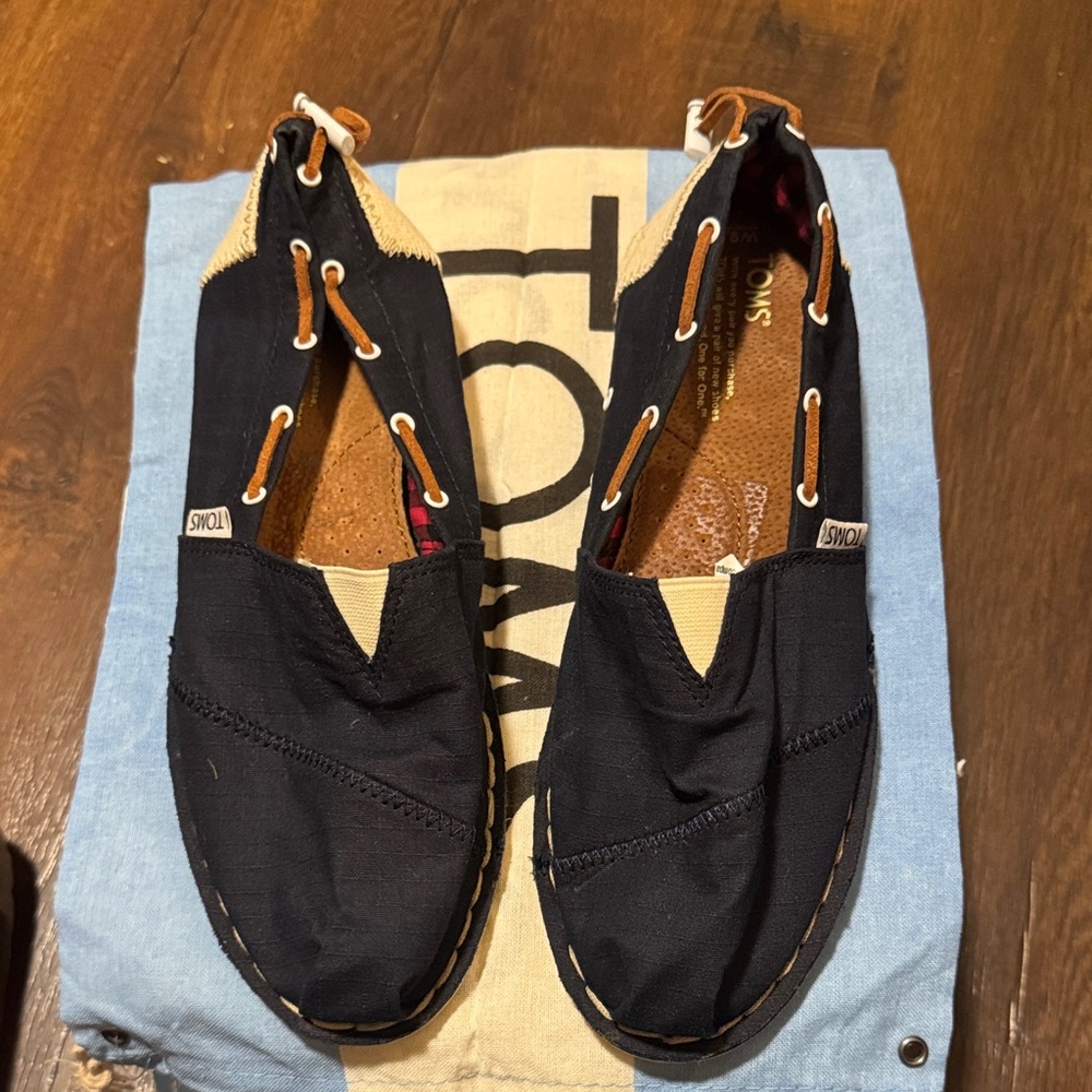 TOMS Navy and Tan Slip-On Shoes
